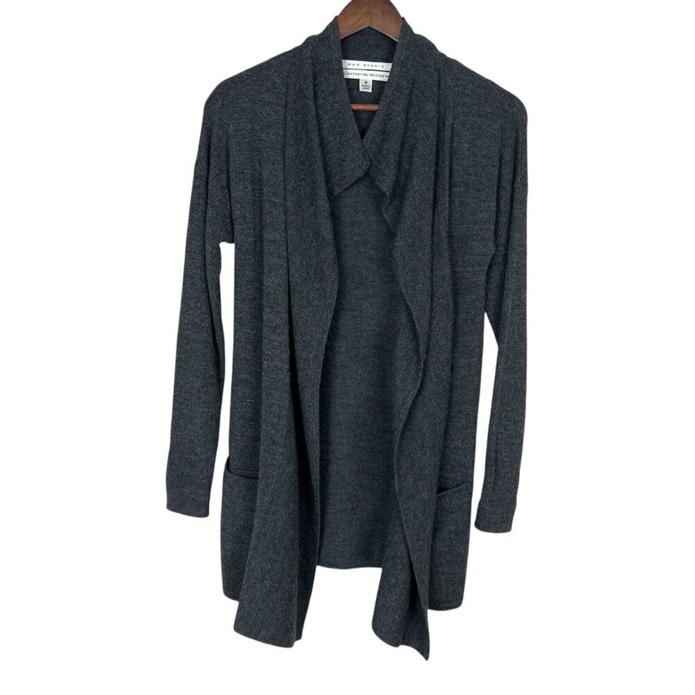 Max Studio Cardigan Sweater Womens Medium Gray 100% Merino Wool Open Front Knit‎
